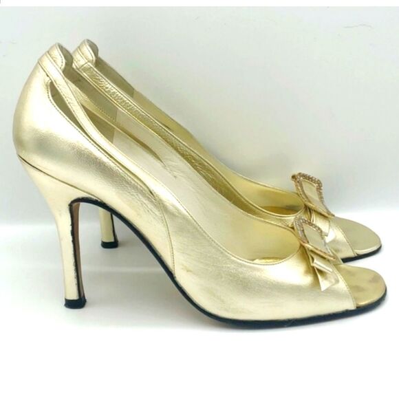 Stuart Weitzman Embellished Open-Toe Golden Heels Size 7.5 - Picture 1 of 8